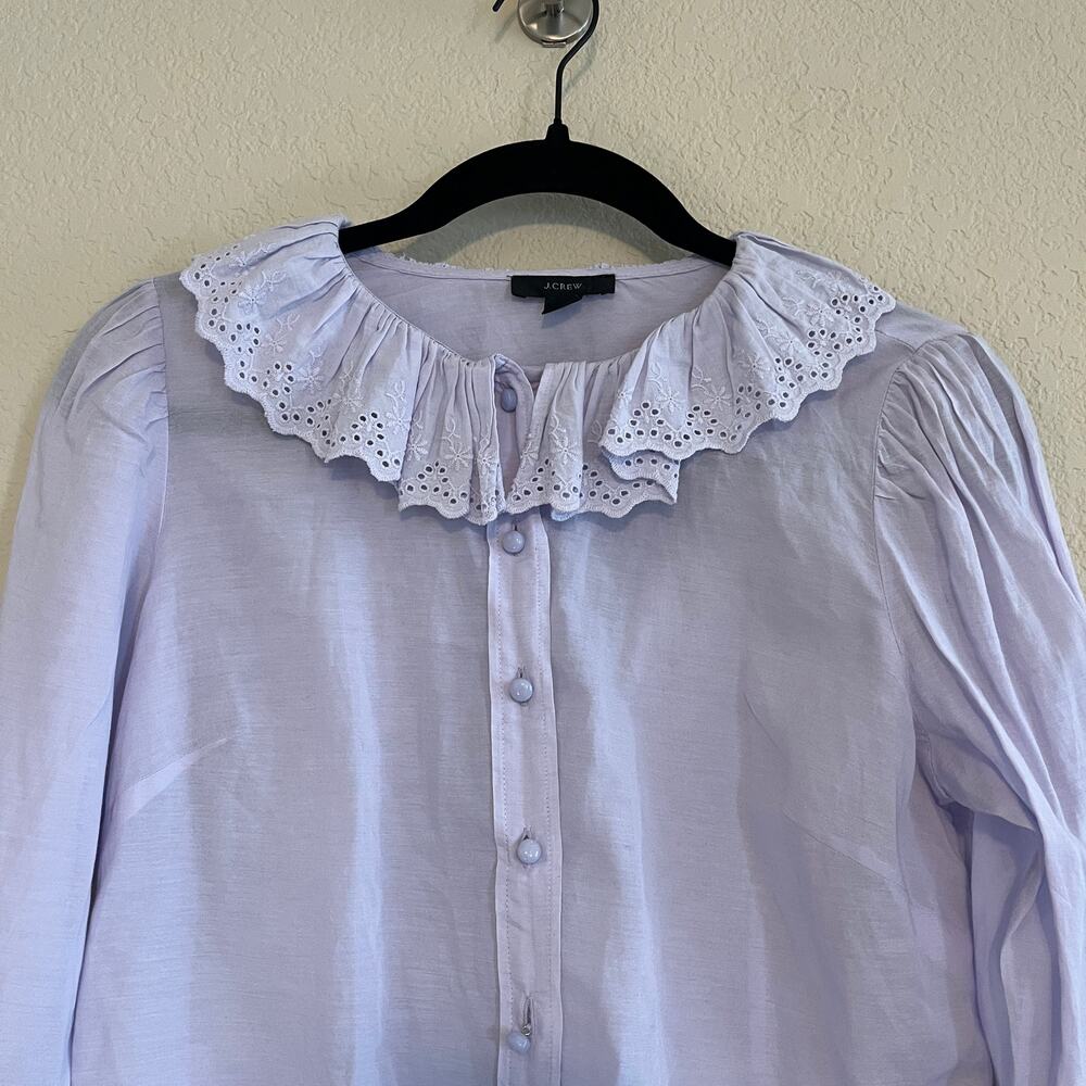 J.Crew Embroidered Ruffle Collar Eyelet Long Sleeve Blouse Shirt Top Lavender 2 - Picture 6 of 10
